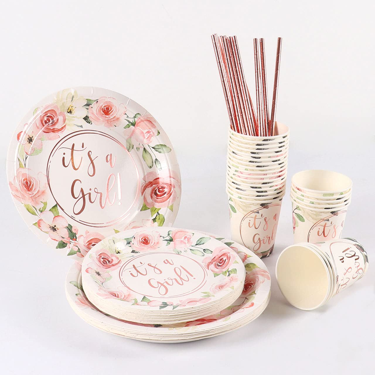 Rose Gold Foil 'It's a Girl' Party Plates Set - 24 Dinner Plates, Dessert Plates, 9oz Cups, Gold Straws & Napkins for Baby Shower & Birthday Decorations | Perfect for Gender Reveal, Bridal Showers & Celebration Parties