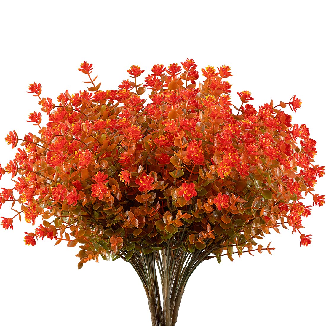 10PCS Artificial Eucalyptus Plants - Fake Boxwood Shrubs UV Resistant, No Fade Faux Plastic Greenery for Outdoor, Home, Garden & Kitchen Decor (Fall Orange) - Perfect for Porch, Patio, Wedding & Party Decorations