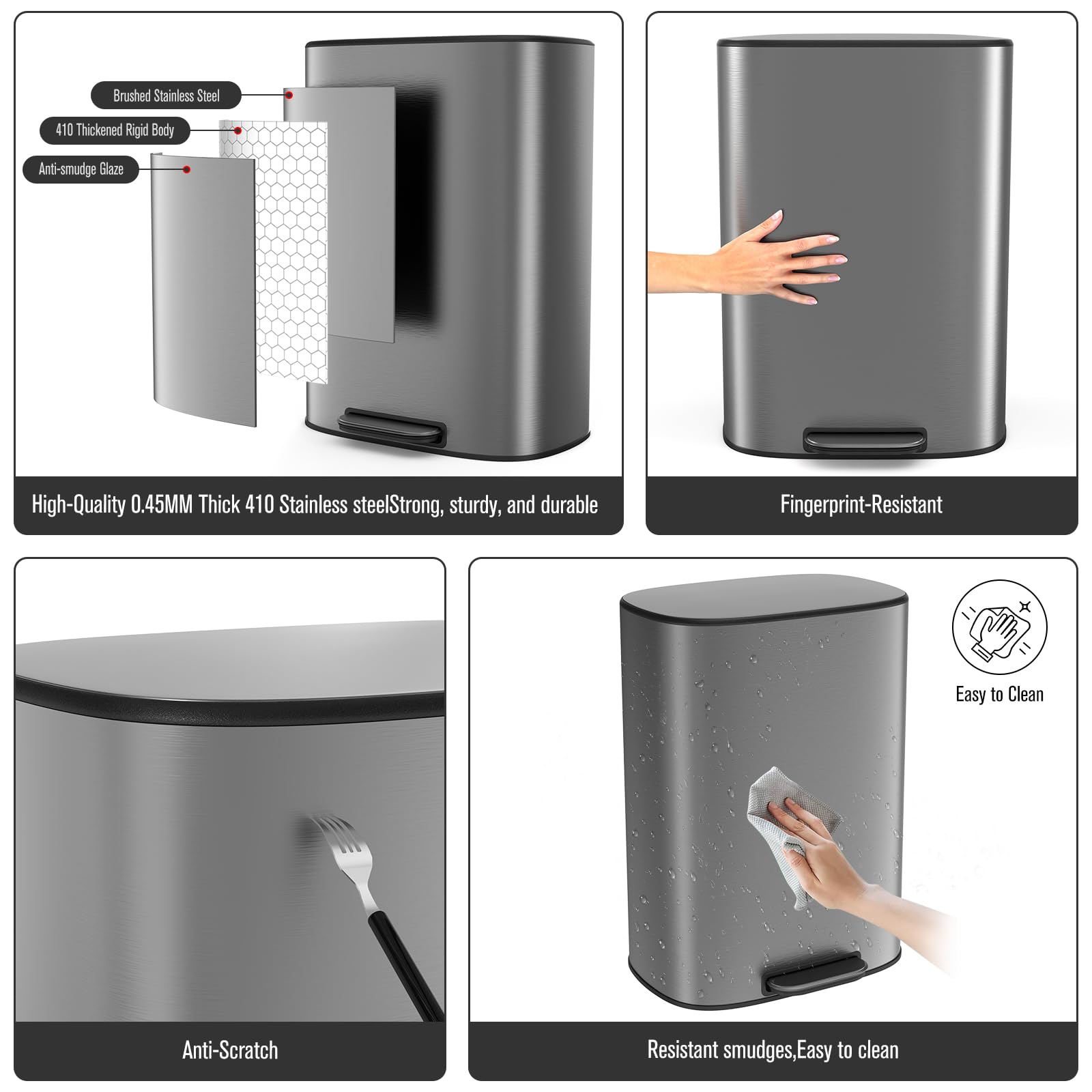 13 Gallon Stainless Steel Trash Can with Lid - Metal Foot Pedal, Quiet Soft Close, Includes 30 Garbage Bags - Perfect for Kitchen, Office, Living Room, Bathroom & Commercial Use