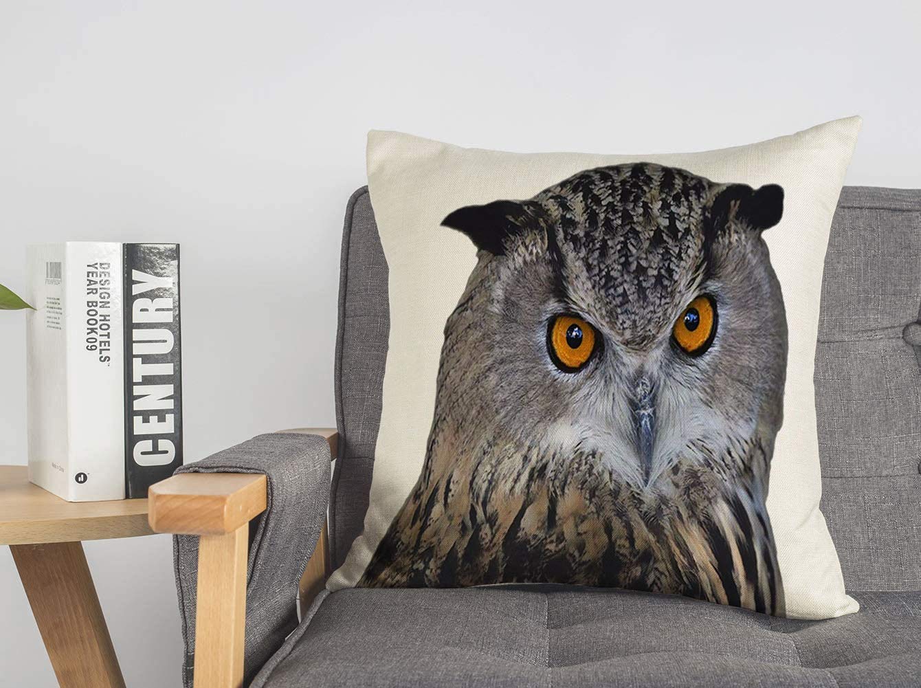Decorative Square Throw Pillow Cover 18x18 Inches - Orange Asio Screech Owl with White Feathers, Amber Eyes & Red Beak - Wildlife Animal Bird Camo Linen Pillowcase for Living Room, Bedroom & Home Decor - Cozy Nature-Themed Cushion Cover