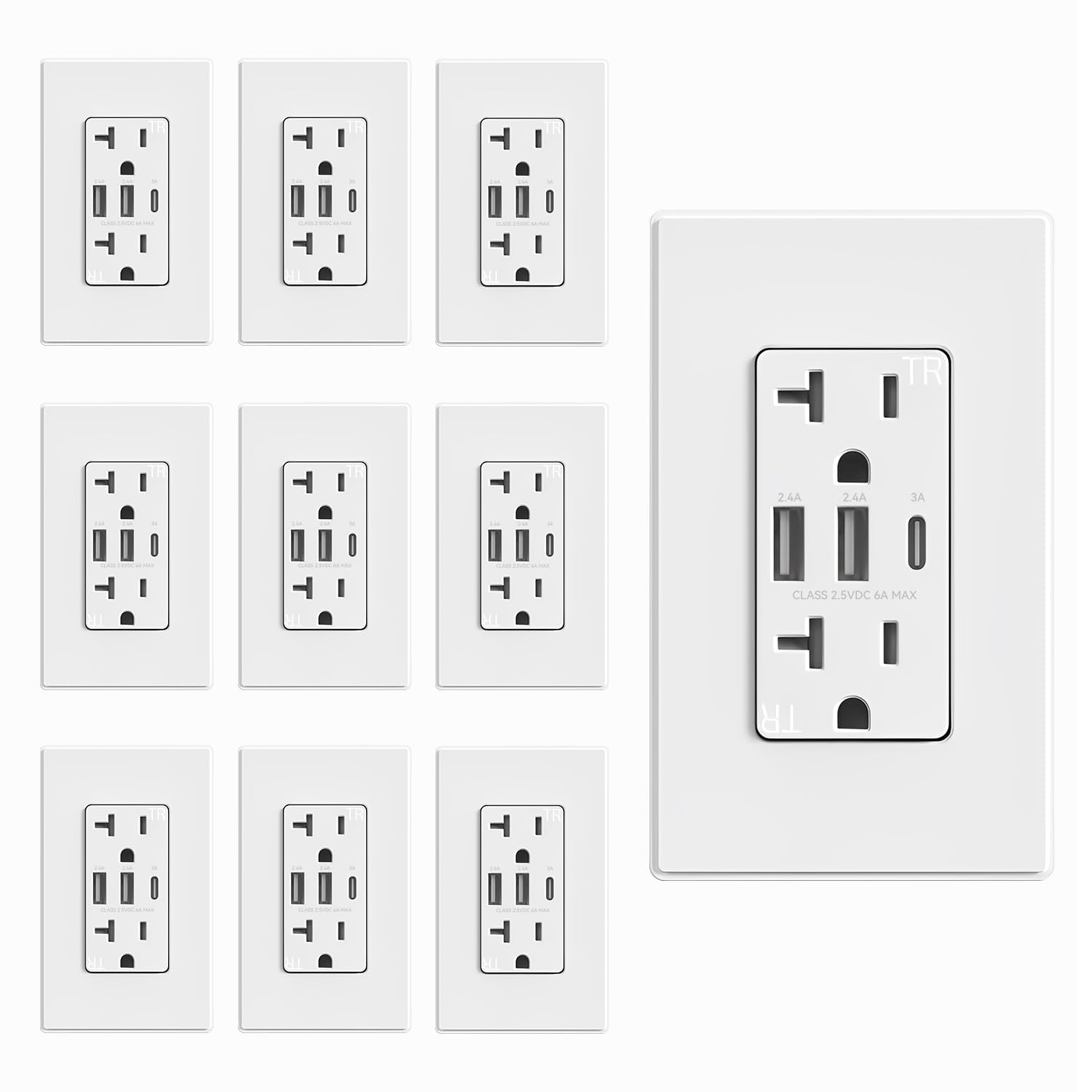 ELEGRP 3-Port USB C Wall Outlet with 30W Fast Charging, 20A Tamper-Resistant Electrical Receptacle (10 Pack Matte White) - UL Listed for Home, Office & Hotel Use