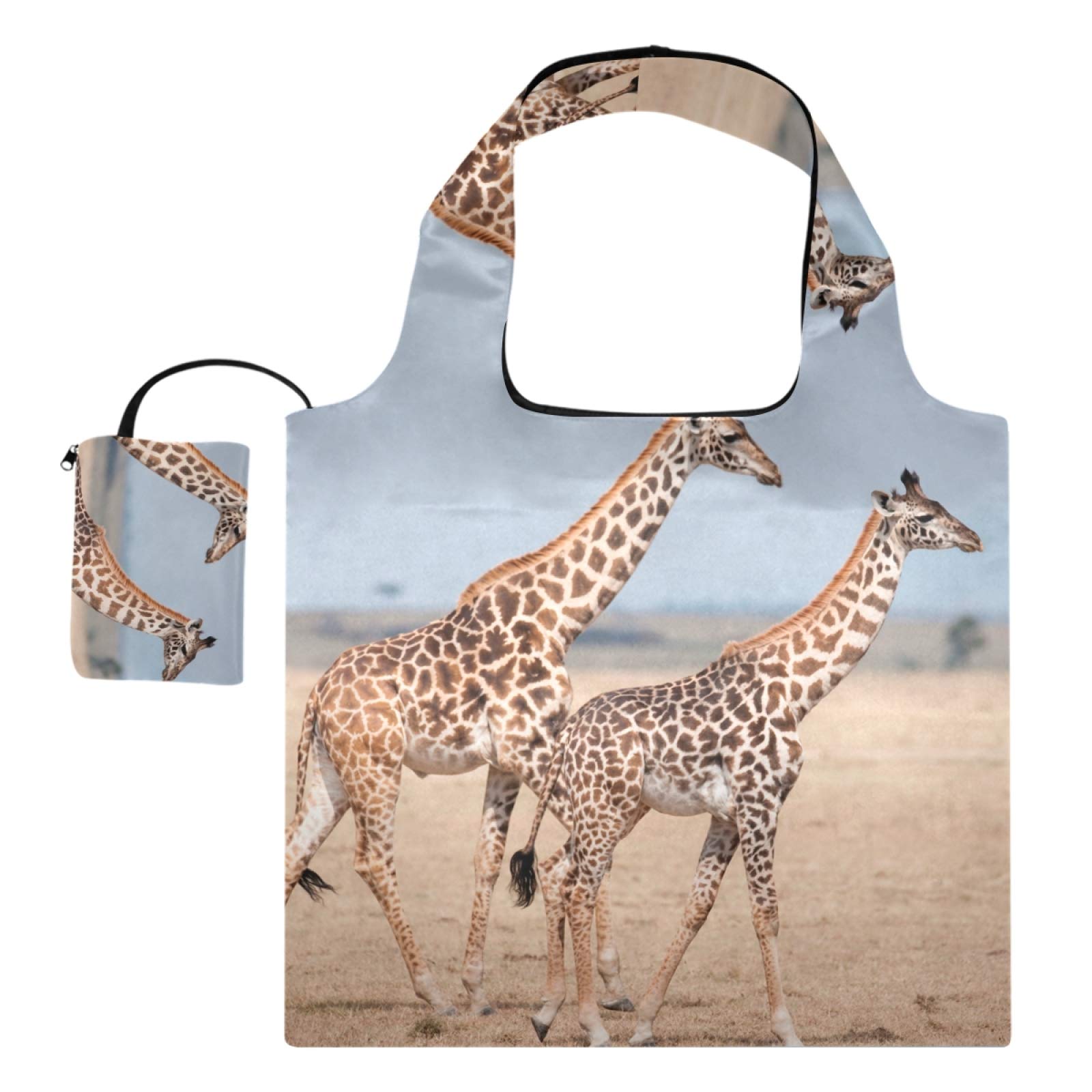 Eco-Friendly Reusable Grocery Shopping Bags - Foldable Washable Cloth Tote with Storage Pouch, Large Capacity for Groceries, Farmers Market & Daily Use - Giraffe Print Design