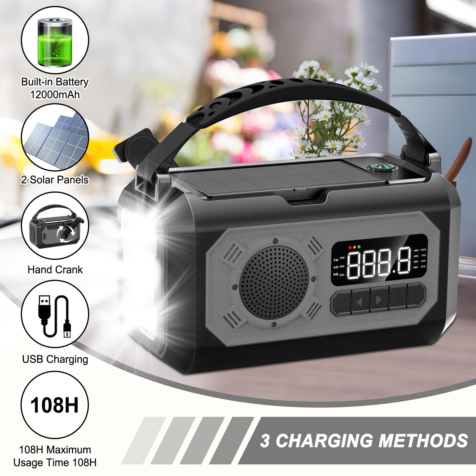12000mAh Emergency Hand Crank Solar Radio - Portable AM/FM/NOAA Weather Alert Radio with Flashlight, Reading Lamp, SOS Alarm & Power Bank - Perfect for Home, Camping, Hiking & Outdoor Survival (Gray)