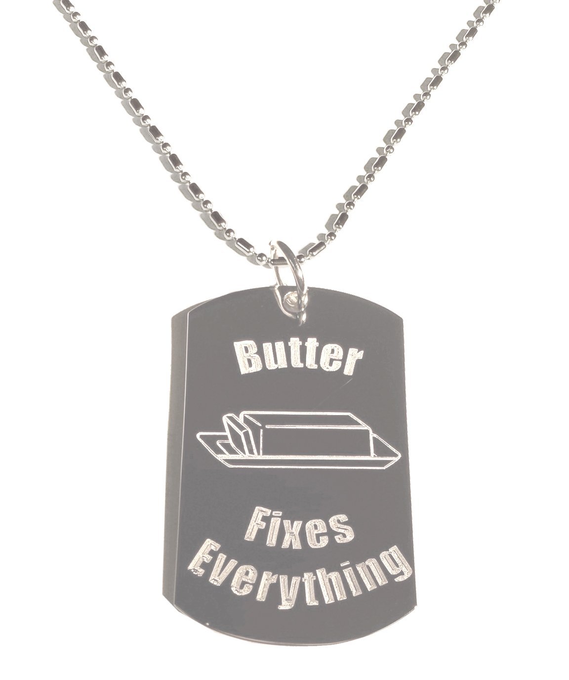 Shark Hat & Butter Fixes Everything - Military Dog Tag Luggage Chain Necklace for Men | Punk Rock Accessories, Travel Gear & Biker Jewelry