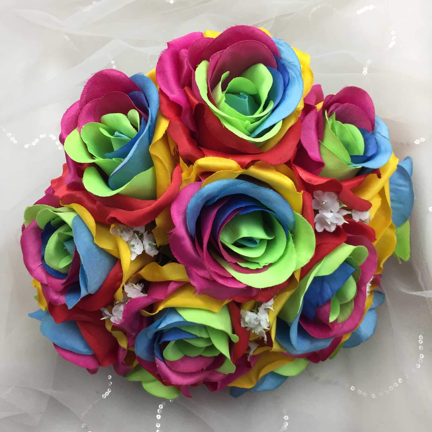 Silk Rainbow Rose Flowers Bouquet Boutonniere - Artificial Wedding Bouquet for Bridal Party, Centerpieces, Home Decor & Special Events