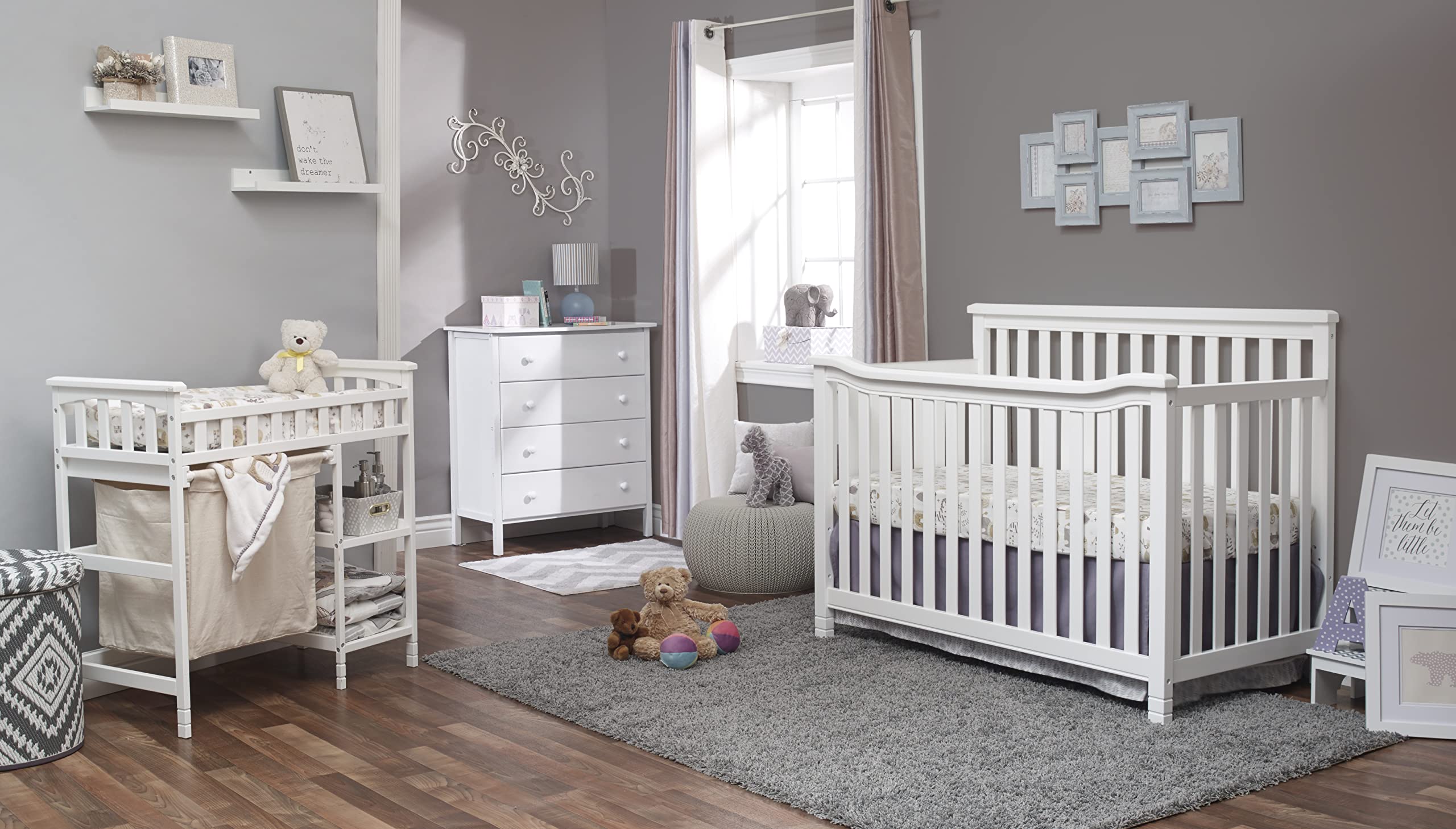 Sorelle Furniture Palisades 3-Piece Nursery Set - White Convertible 4-in-1 Crib, 4-Drawer Dresser & Changing Table with Hamper | Solid Wood Baby Furniture with Non-Toxic Finish | Perfect for Newborns & Toddlers Nursery Decor