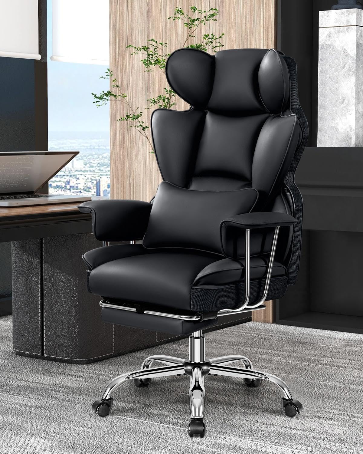 Big and Tall Executive Office Chair with Footrest - Ergonomic Leather Computer Chair, High Back Reclining with Lumbar Support - Large Home Office Desk Chair for Comfortable Working (Black) - Perfect for Home Office, Gaming, and Long Work Sessions