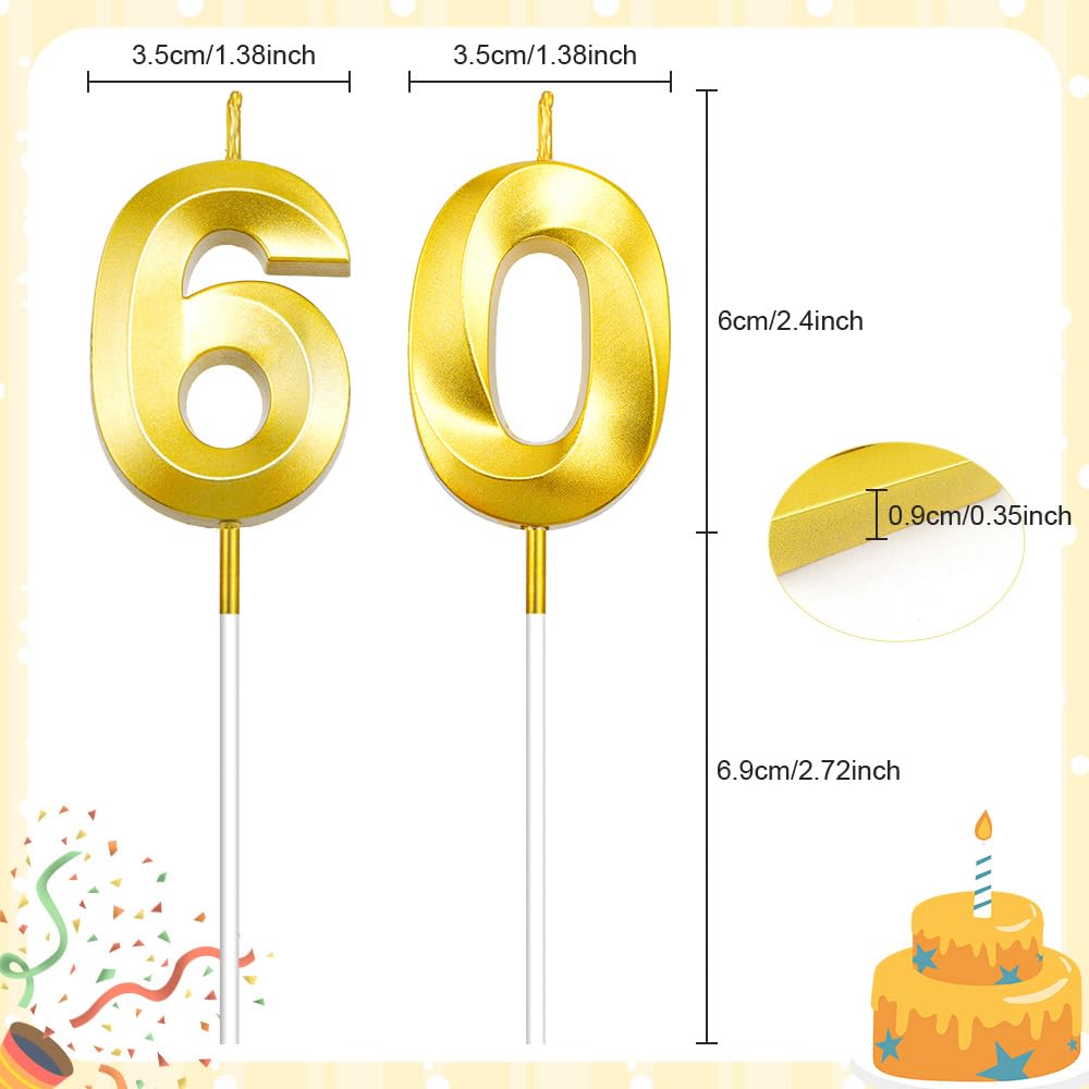 60th Birthday Number Candles - Gold Cake Topper Decoration for Birthday Party, Wedding & Anniversary Celebrations | Elegant Number Candles for Cakes, Cupcakes & Desserts