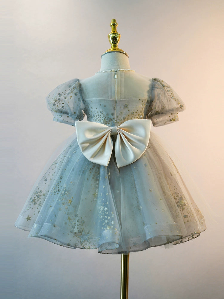 Dusty Blue Princess Round Tea Length Tulle Flower Girl Dress for Weddings & Special Occasions