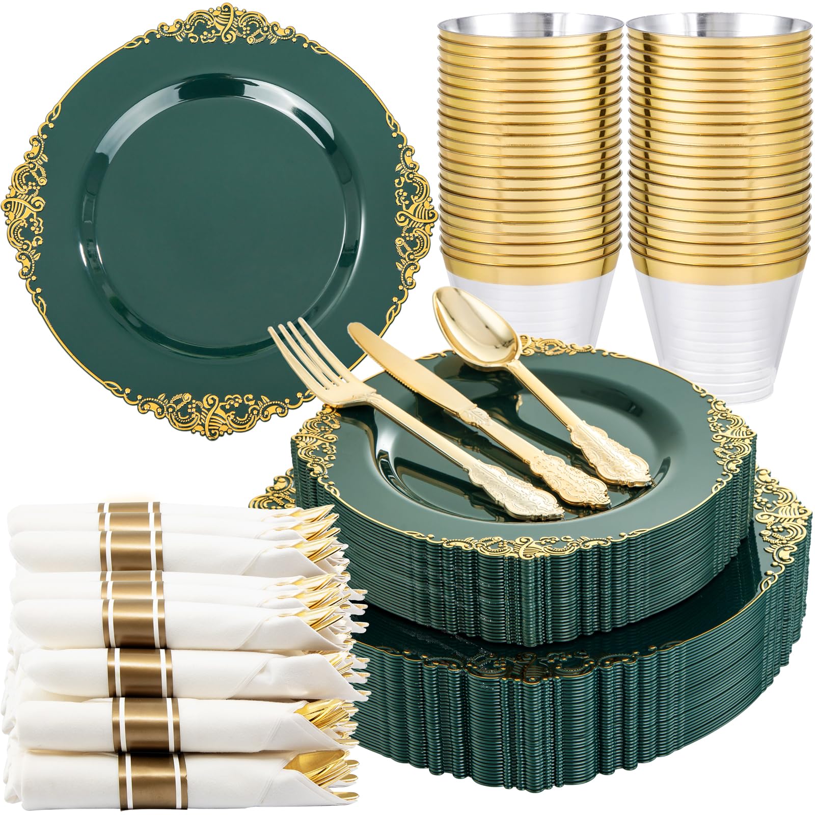 175-Piece Eco-Friendly Disposable Party Tableware Set - 50 Green Plastic Plates, 75 Silverware, 25 Cups & 25 Napkins for Wedding, Birthday & Events | Perfect for 25 Guests | Sustainable Party Supplies for Outdoor Gatherings & Celebrations