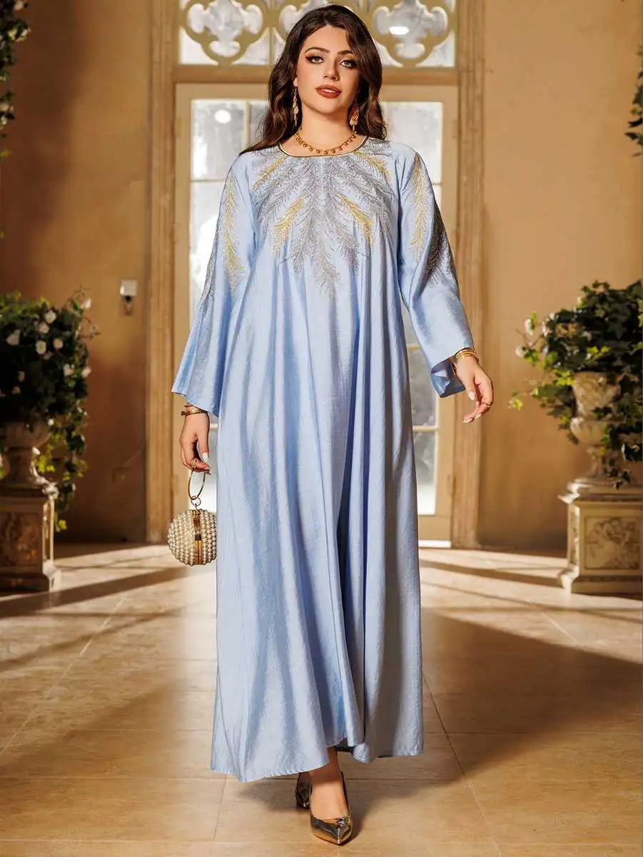 Elegant Eid Embroidered Hotfix Rhinestone Caftan Kaftan Dress for Women - Perfect for Holiday Parties, Weddings & Special Occasions