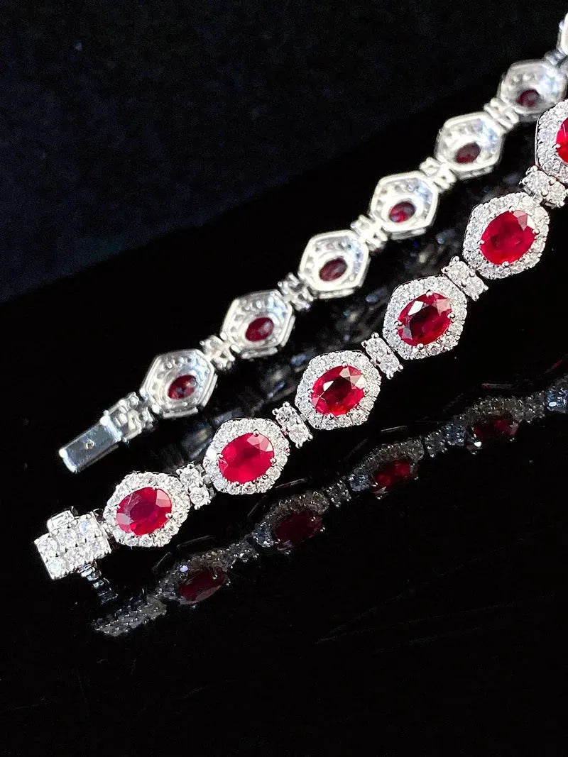 18K White Gold Bracelet with Real Natural Ruby & Shiny Diamonds - Elegant Luxury Jewelry for Women - Perfect for Senior Banquets, Weddings & Special Occasions