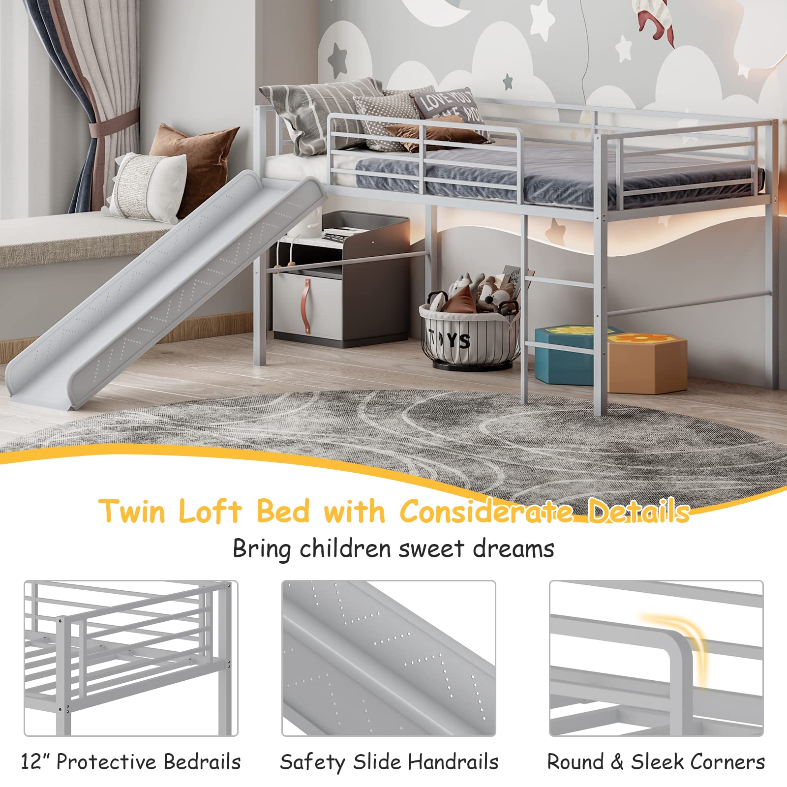 **Giantex Twin Loft Bed with Slide - Sturdy Metal Low Bunk Bed for Kids, Safety Guardrails & Built-in Ladder, No Box Spring Needed, Toddler Bed Floor Frame for Boys & Girls (Silver) - Perfect for Small Bedrooms, Playrooms & Sleepovers**