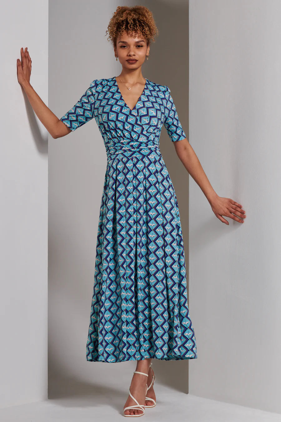 Bree Half Sleeve Jersey Maxi Dress - Green Geometric Print Flowy Summer Dress for Women | Perfect for Beach Vacation, Date Night & Casual Outings