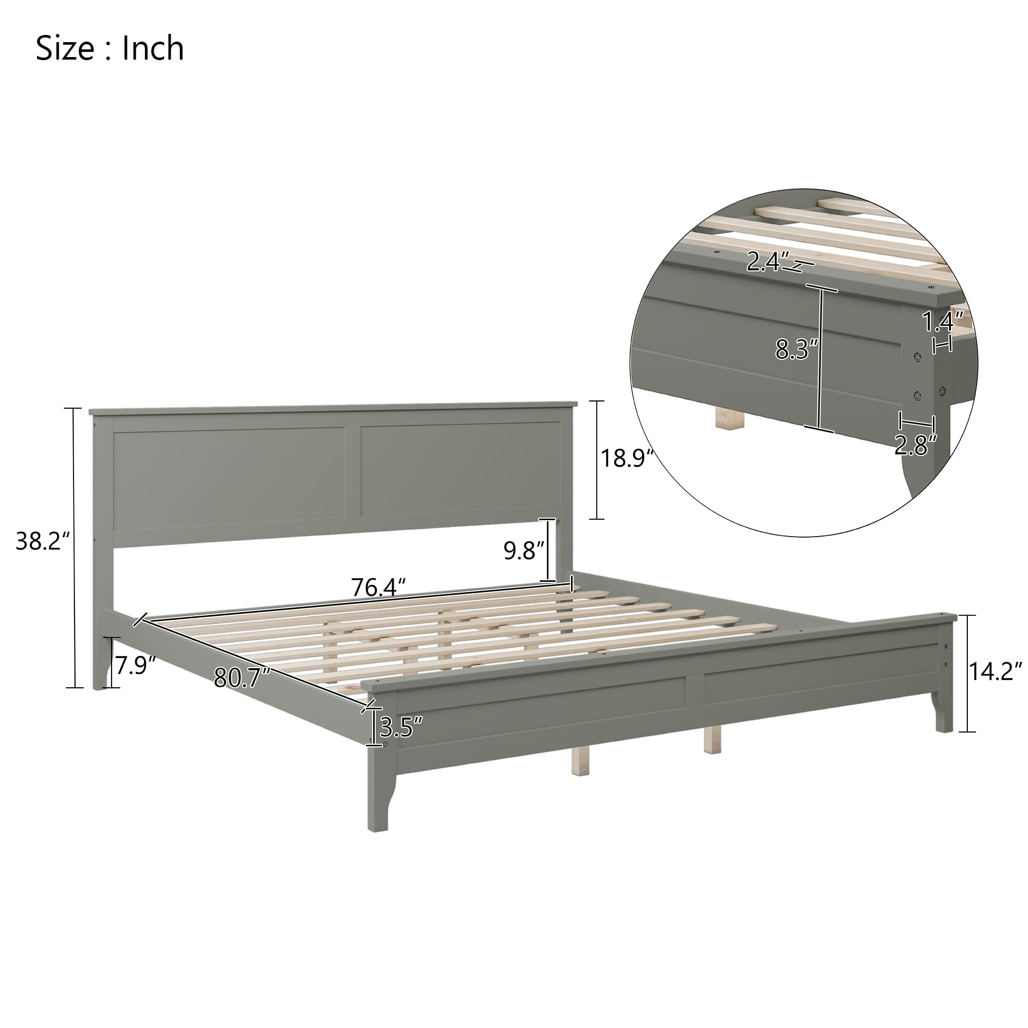 Solid Wood King Platform Bed Frame with Headboard - No Box Spring Needed, Sturdy Support for Adults, Modern Gray Bedroom Furniture - Perfect for Master Bedrooms, Guest Rooms & Small Spaces