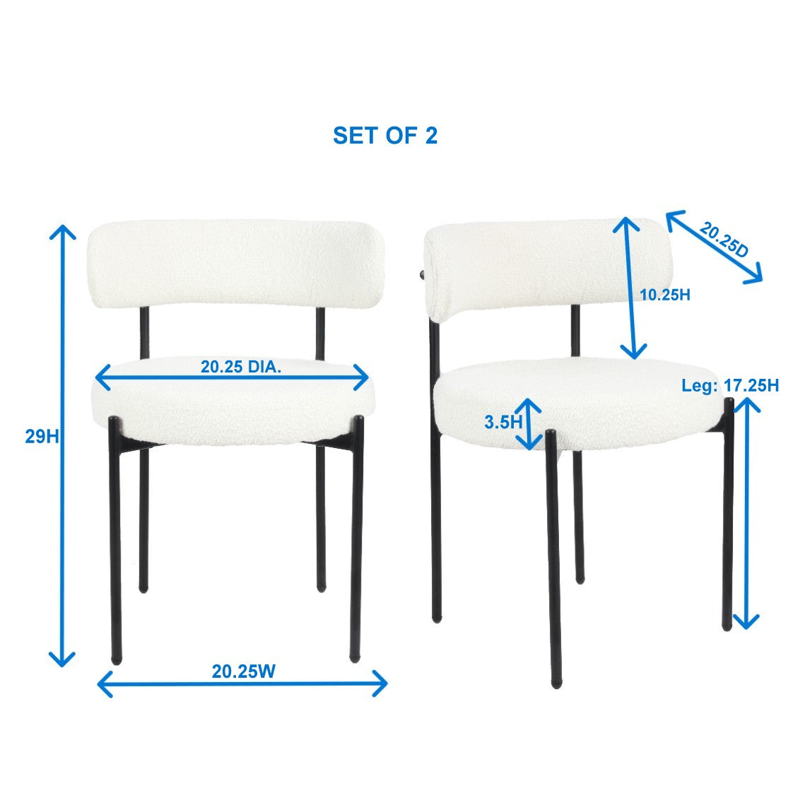 Roundhill Furniture Burbank Modern Round Boucle Dining Chairs, Set of 2 - Mid Century Style Upholstered Seating for Kitchen, Dining Room & Breakfast Nook - Comfortable & Stylish Home Decor