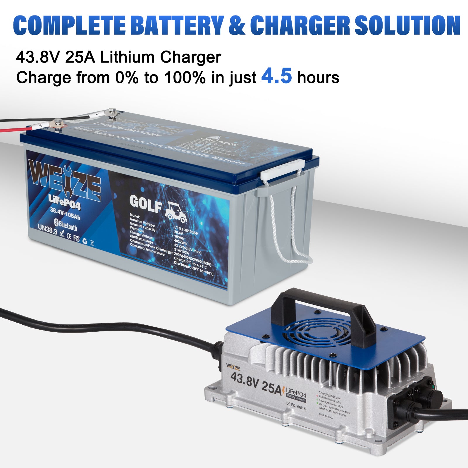 WEIZE 36V 105AH Bluetooth LiFePO4 Lithium Battery with Built-in 200A BMS | Low Temperature Protection & 400A/35S Peak Discharge | Deep Cycle Battery for Golf Carts, Trolling Motors, Solar Systems, RVs & Off-Grid Applications | Perfect for Marine, Camping & Emergency Power Backup