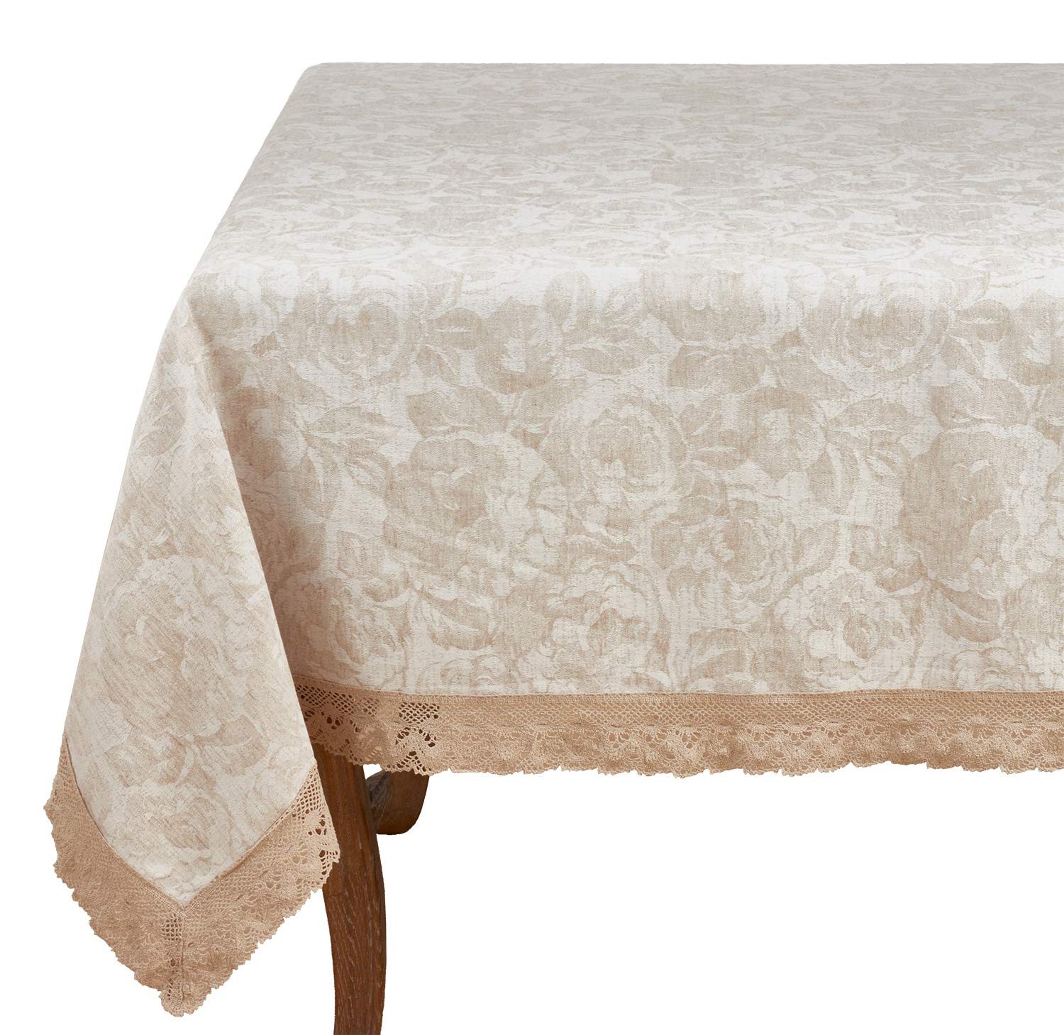 Fennco Styles Feronia Collection 72x120 Inch Jacquard Lace Trim Cotton Blend Tablecloth - Elegant Natural Table Cover for Banquet, Wedding, Party & Home Decor | Perfect for Dining Room, Holiday Dinner & Special Occasions