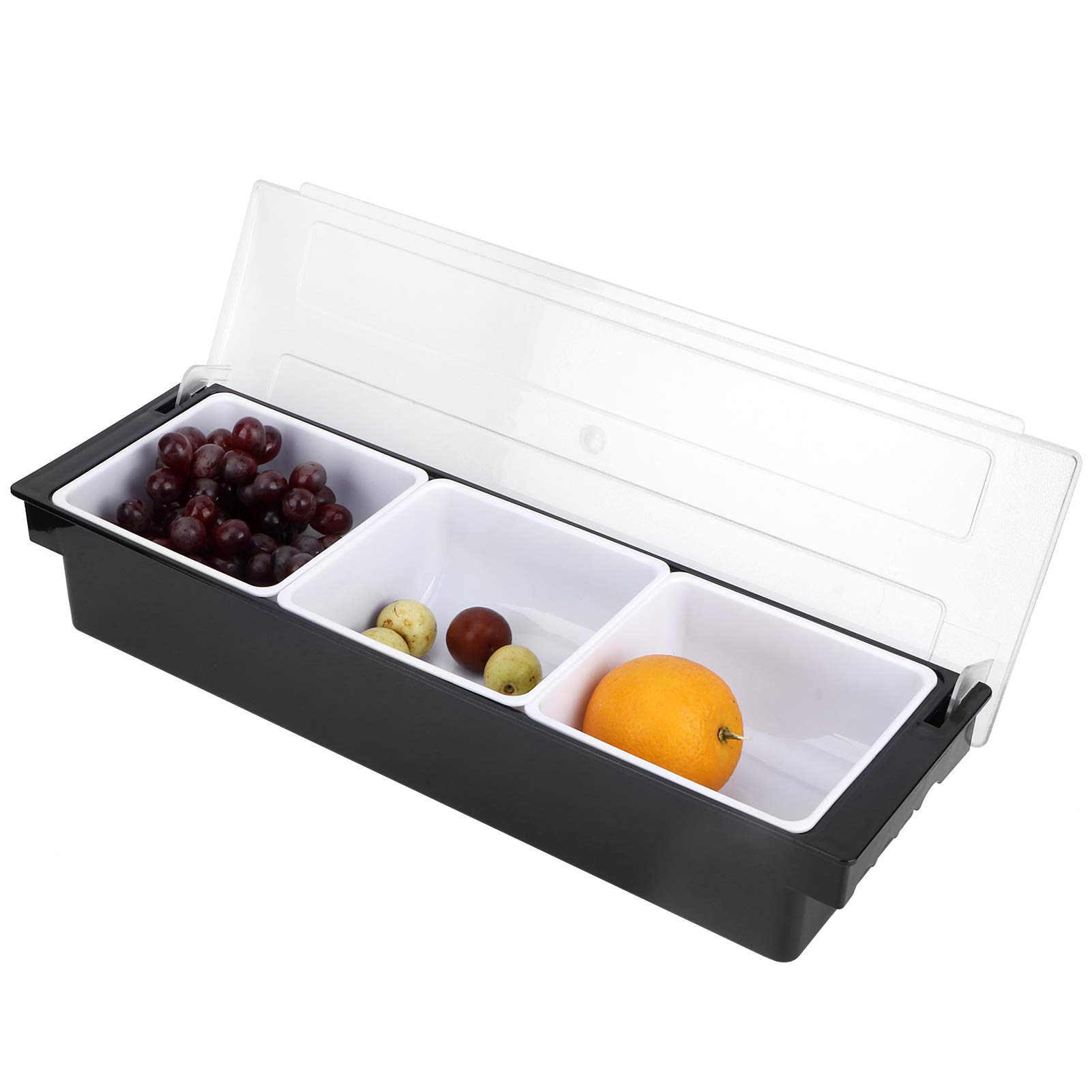 Black Plastic Condiment Dispenser with Transparent Lid - 3 Compartment Kitchen Storage Box for Fruits, Seasonings, and Snacks - Perfect for Home, Kitchen, and Bar Organization