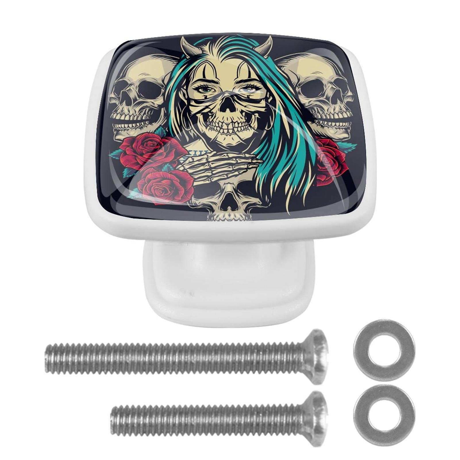 Vintage Skull Rose Cabinet Knobs 4PCS - Drawer Pulls for Kitchen, Wardrobe & Furniture Decor