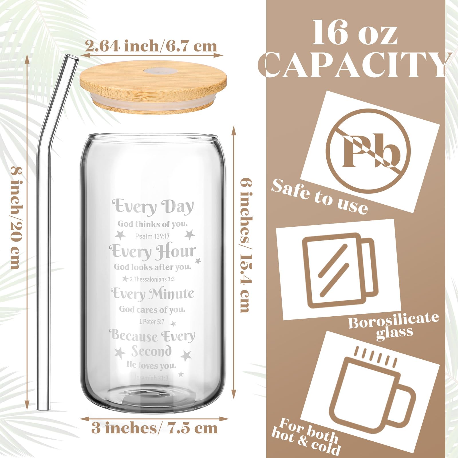 Karenhi 16 oz Star Bible Glass Tumbler with Bamboo Lid & Glass Straw - Christian Water Bottle, Coffee Mug, Valentine's Gift for Women - Perfect for Bible Study, Church, Home & Office Use