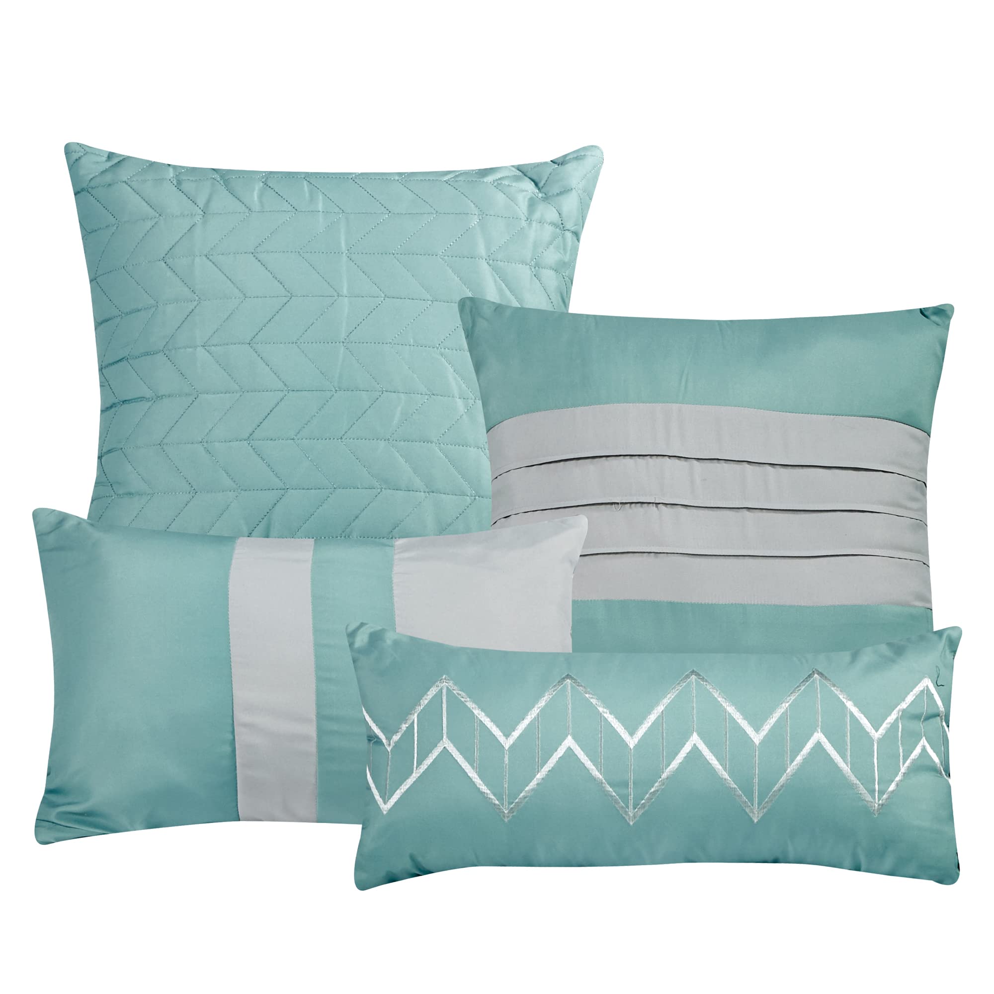 Luxury 7-Piece Full/Queen Comforter Set with Shams & Cushions - Modern Teal-Aqua & Light Gray Wavy Embossed Design - Bed in a Bag for Elegant Bedroom Decor - Perfect for Master Bedroom, Guest Room & Vacation Homes (22236V, Liesl, F/Q)