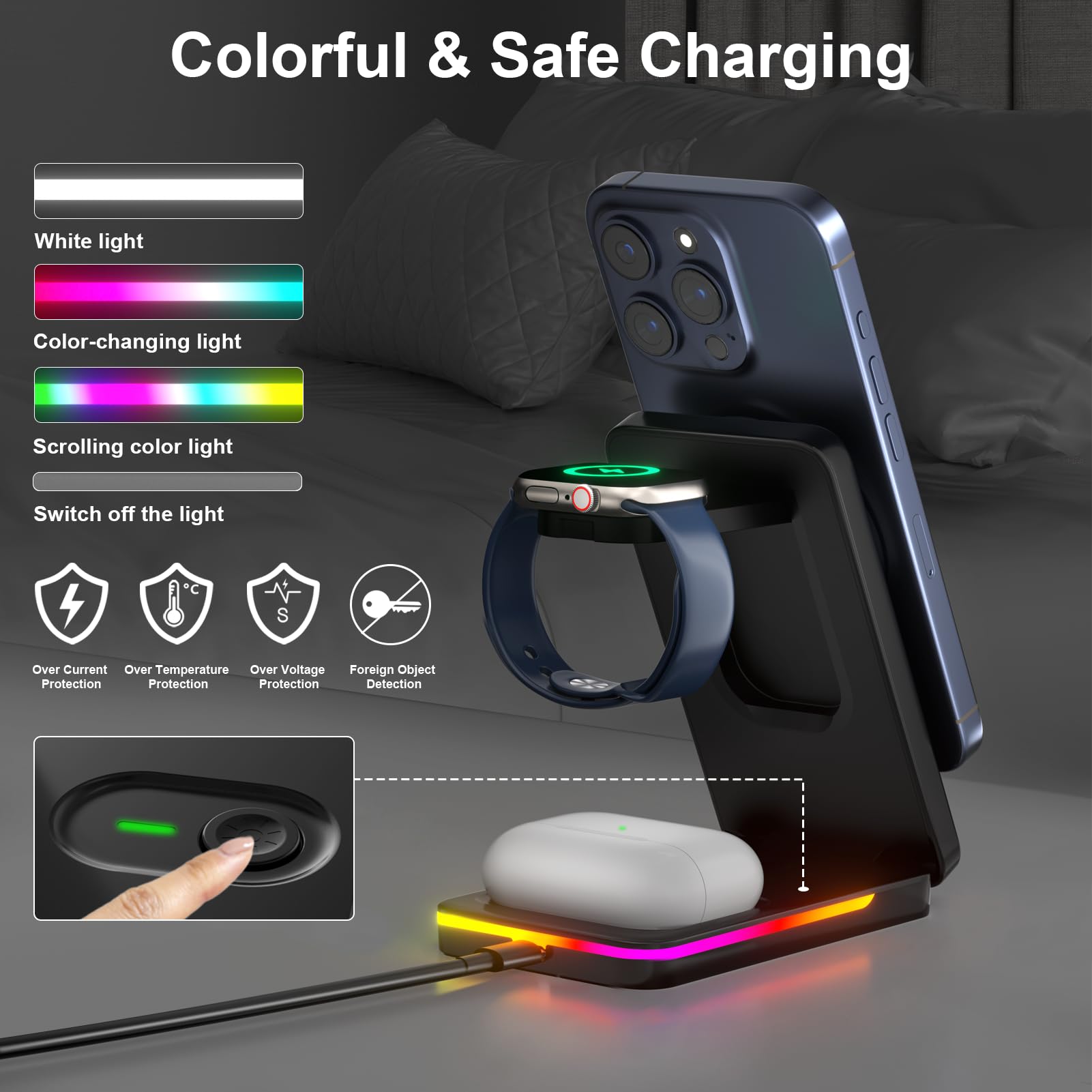 3-in-1 Magnetic Wireless Charging Station for iPhone 16 Pro Max/15/14/13/12, Apple Watch & AirPods - Foldable Fast Charger Stand for Bedside, Office & Travel | Qi-Certified Multi-Device Charging Pad