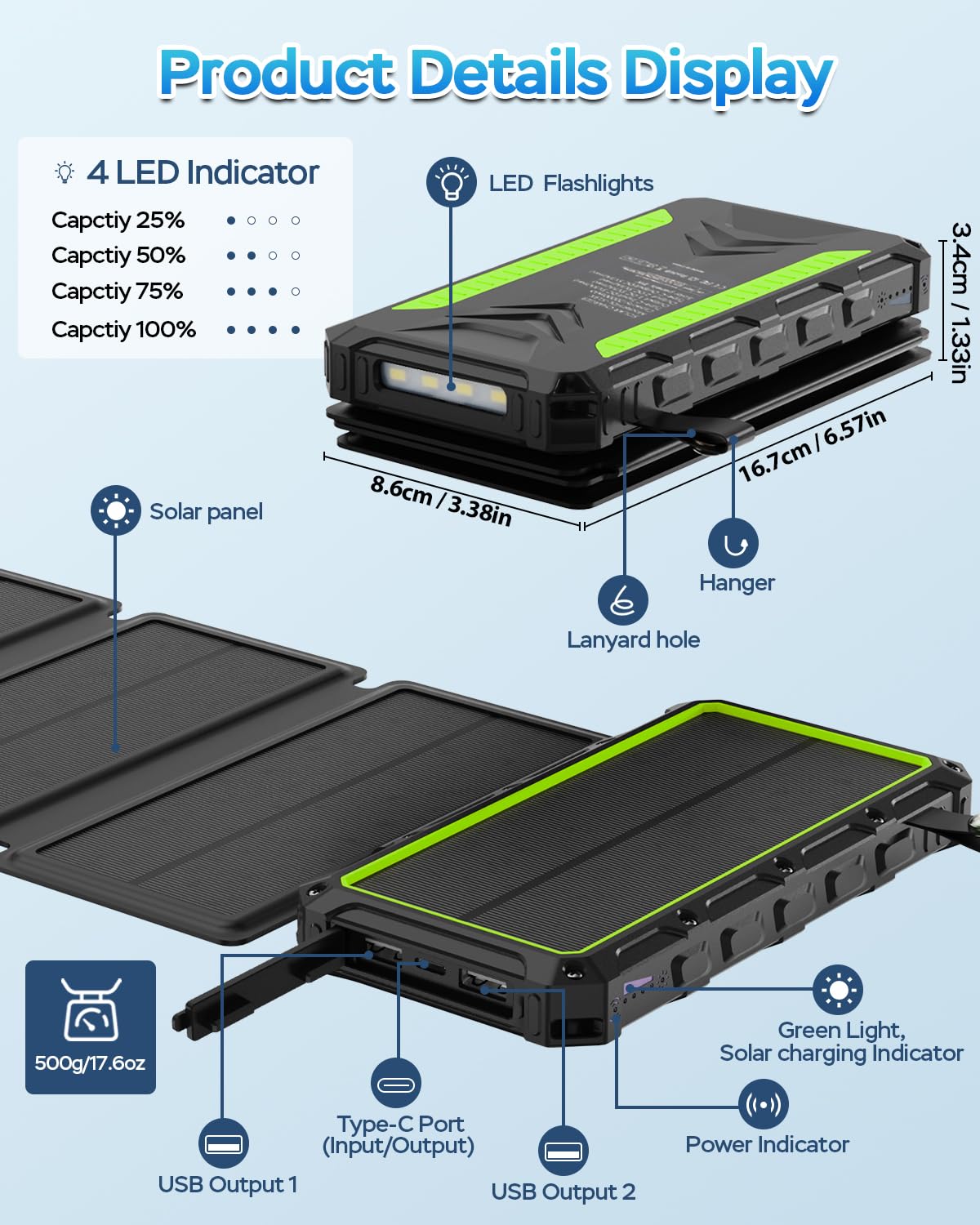 20000mAh Solar Power Bank with 4 Solar Panels - Fast Charging Portable Charger with Dual 3A Outputs, Waterproof External Battery Pack & Flashlight for iPhone, Android Phones, Tablets - Perfect for Camping, Hiking, Outdoor Adventures (Green)
