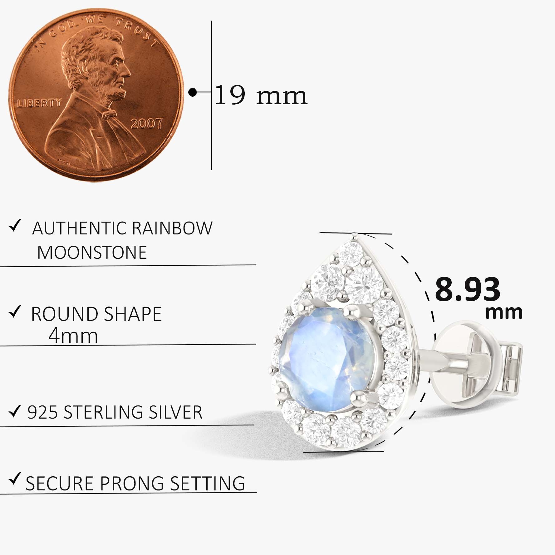 4MM Round Natural Moonstone Halo Stud Earrings with Push Back Closures - Dainty Boho Jewelry for Women, Perfect for Everyday Wear, Weddings & Special Occasions