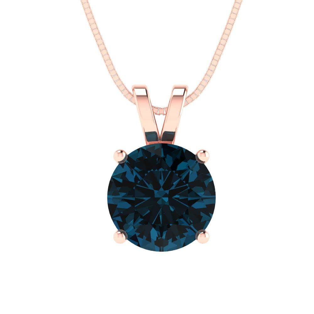 1.50 ct Natural London Blue Topaz Solitaire Pendant Necklace - 14K Rose Gold Chain (18