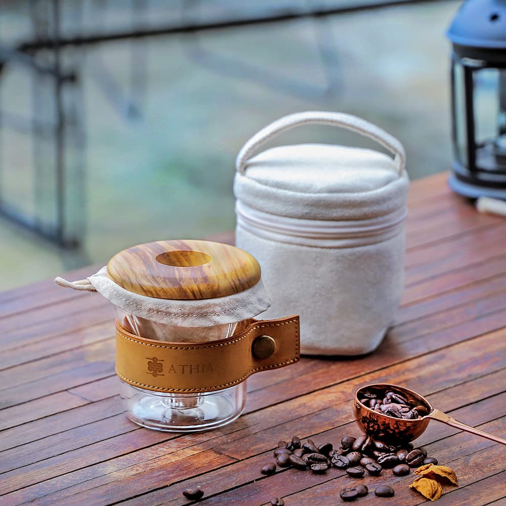 ATHIA Glass Pour Over Coffee Dripper Set with Reusable Cloth Filter & Leather Sleeve - Portable Single Cup Coffee Maker for Travel, Camping & Office Use (Olive Wood)