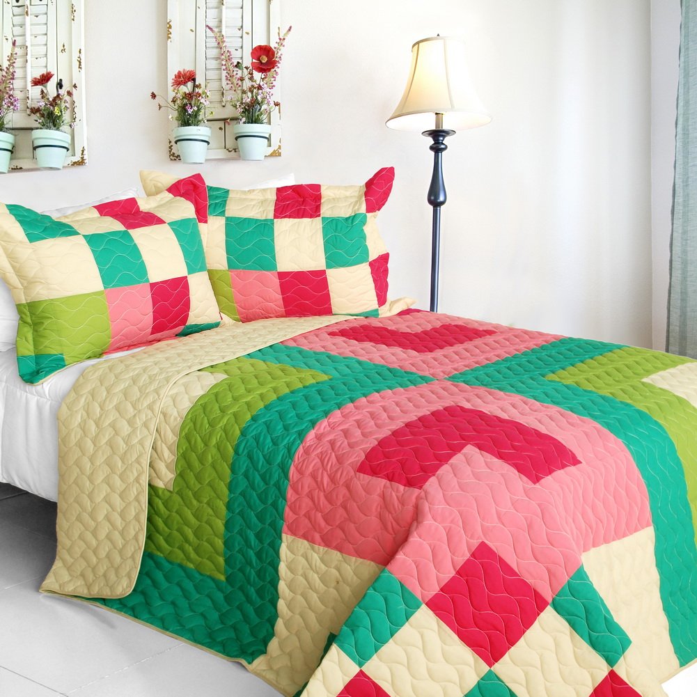 3PC Vermicelli Quilted Patchwork Quilt Set - Full/Queen Size Bedding | Soft & Cozy for All Seasons | Perfect for Master Bedroom, Guest Room & Dorm Decor