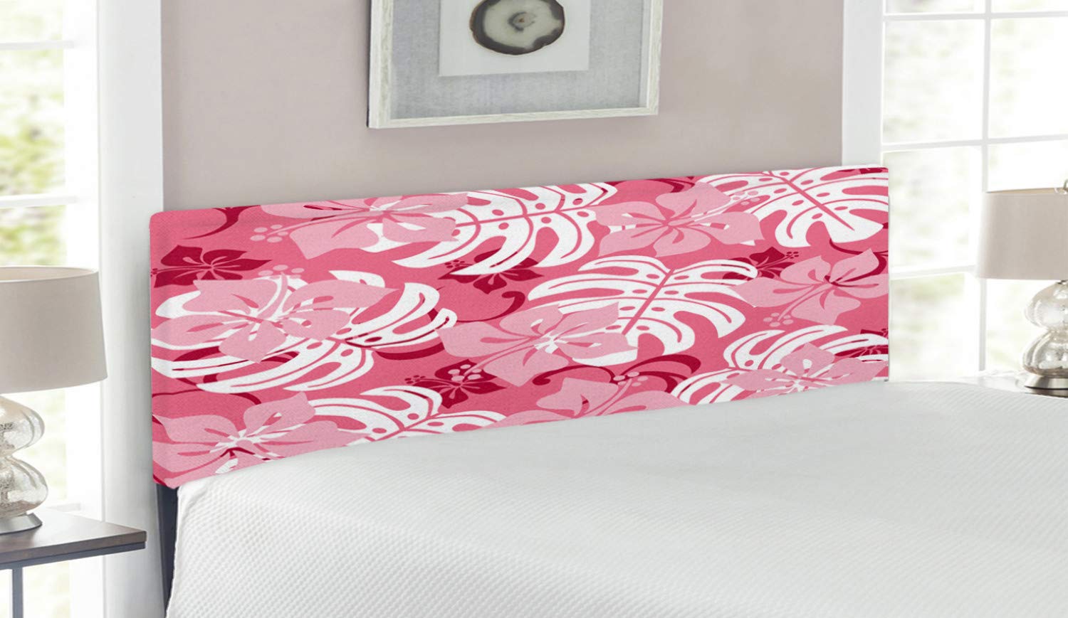 Ambesonne Luau Queen Size Upholstered Headboard with Memory Foam - Tropical Hibiscus Flower & Monstera Leaves Rainforest Design in Pink White & Ruby | Perfect for Bedroom Decor, Hawaiian Theme Rooms & Nature-Inspired Home Interiors