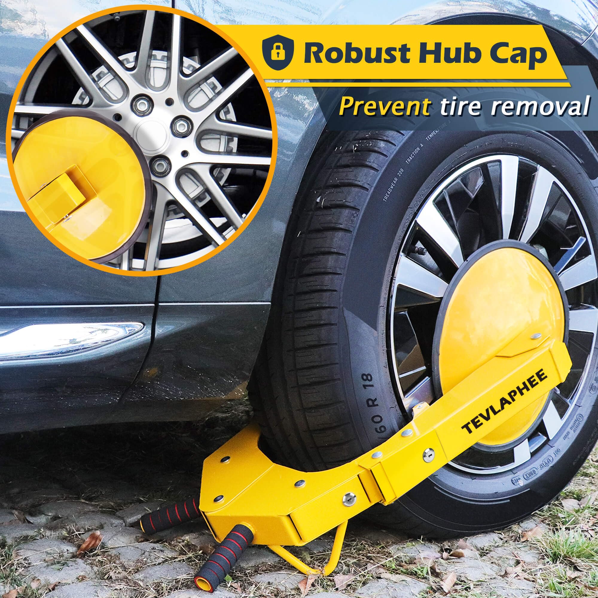 Upgraded Tevlaphee Wheel Lock - Anti-Theft Parking Boot for Cars, Trucks, SUVs & Trailers with Adjustable Dual Lock & Lug Nut Cover - Perfect for Secure Parking, Road Trips & Vehicle Storage