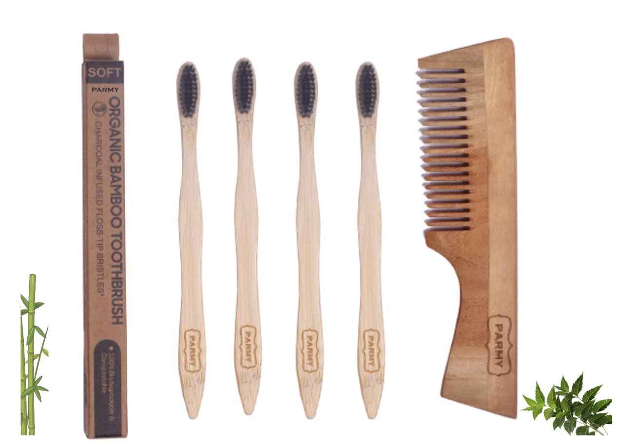 **Parmy Neem Wood Comb & Bamboo Toothbrush Set - Handmade Wooden Hairbrush for Dandruff Control & Hair Straightening | Natural Comb & Toothbrush for Men & Women (4 Toothbrushes + 1 Comb) | Perfect for Travel, Home & Eco-Friendly Gifts**