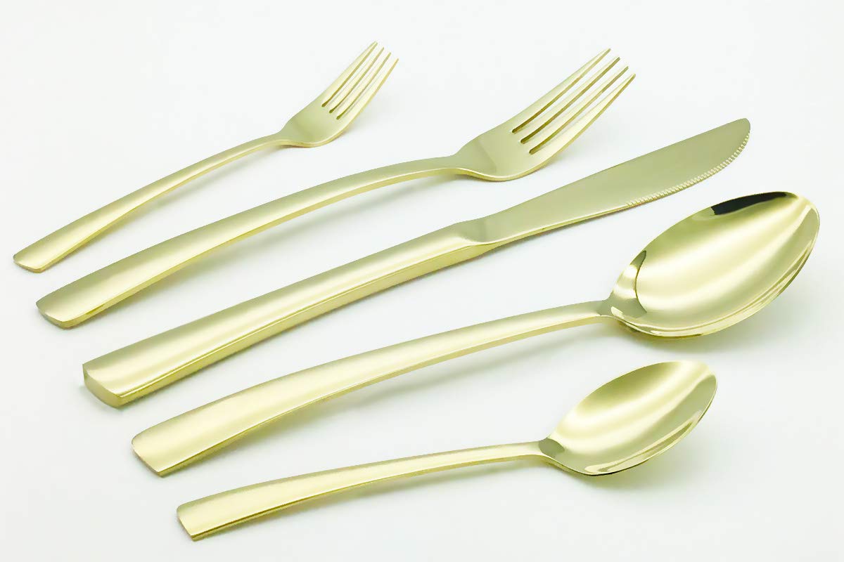 PINKEONLINE 40-Piece Champagne Gold Flatware Set - Stainless Steel Cutlery Set for 8 People - Mirror Polished Silverware for Home, Hotel & Restaurant Use - Dishwasher Safe Dining Utensils - Perfect for Dinner Parties, Weddings & Formal Events