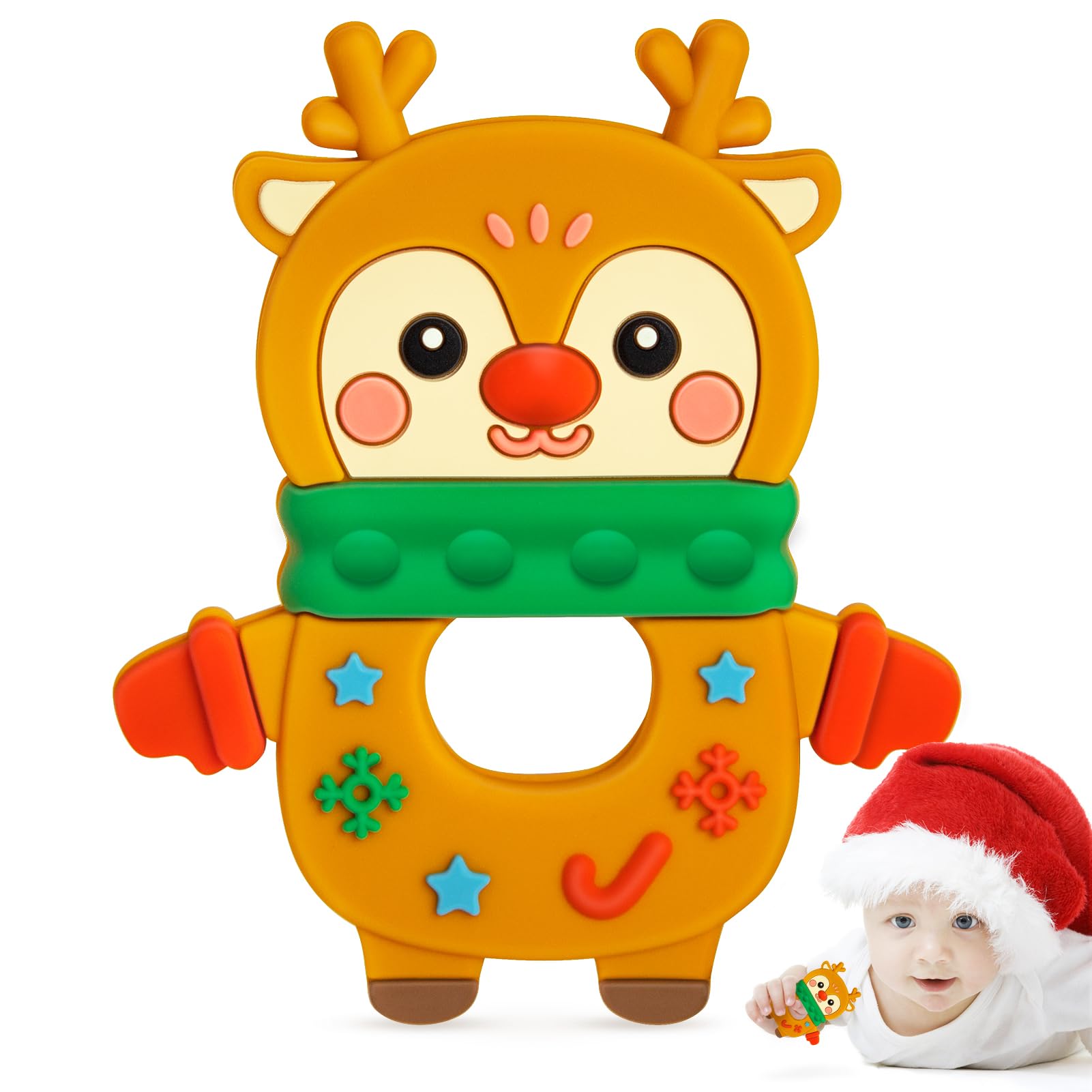 NPET Christmas Deer Baby Teething Toy for 3-12 Months - Soft & Safe Holiday Infant Gifts for Boys & Girls - Cute Deer Themed Teether for Soothing Sore Gums - Perfect for Christmas Stocking Stuffers, Baby Showers & First Birthday Presents