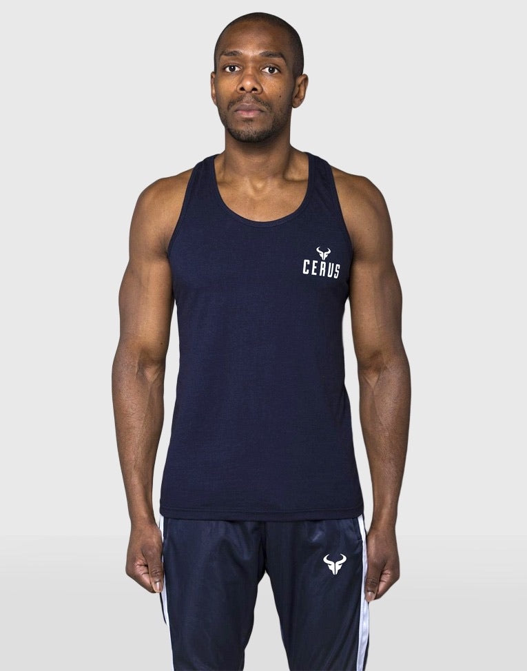 Cerus Navy Stringer Vest with White Small Print Logo - Lightweight & Breathable for Gym, Running & Outdoor Activities
