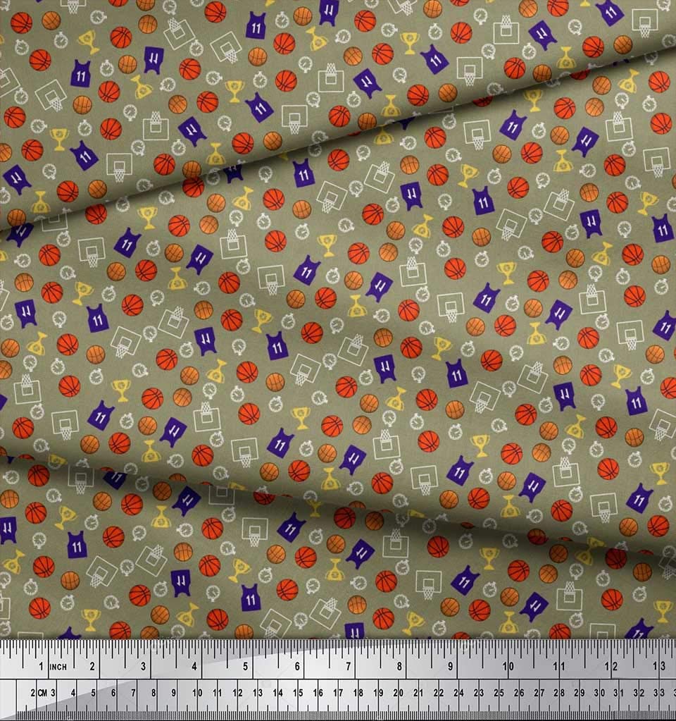 Soimoi Rayon Green Fabric by The Yard - 42 Inch Wide - Sports Championship Print with Trophy, Timer Clock & Basketball Design - Perfect for DIY Crafts, Quilting, Apparel, and Home Decor Projects
