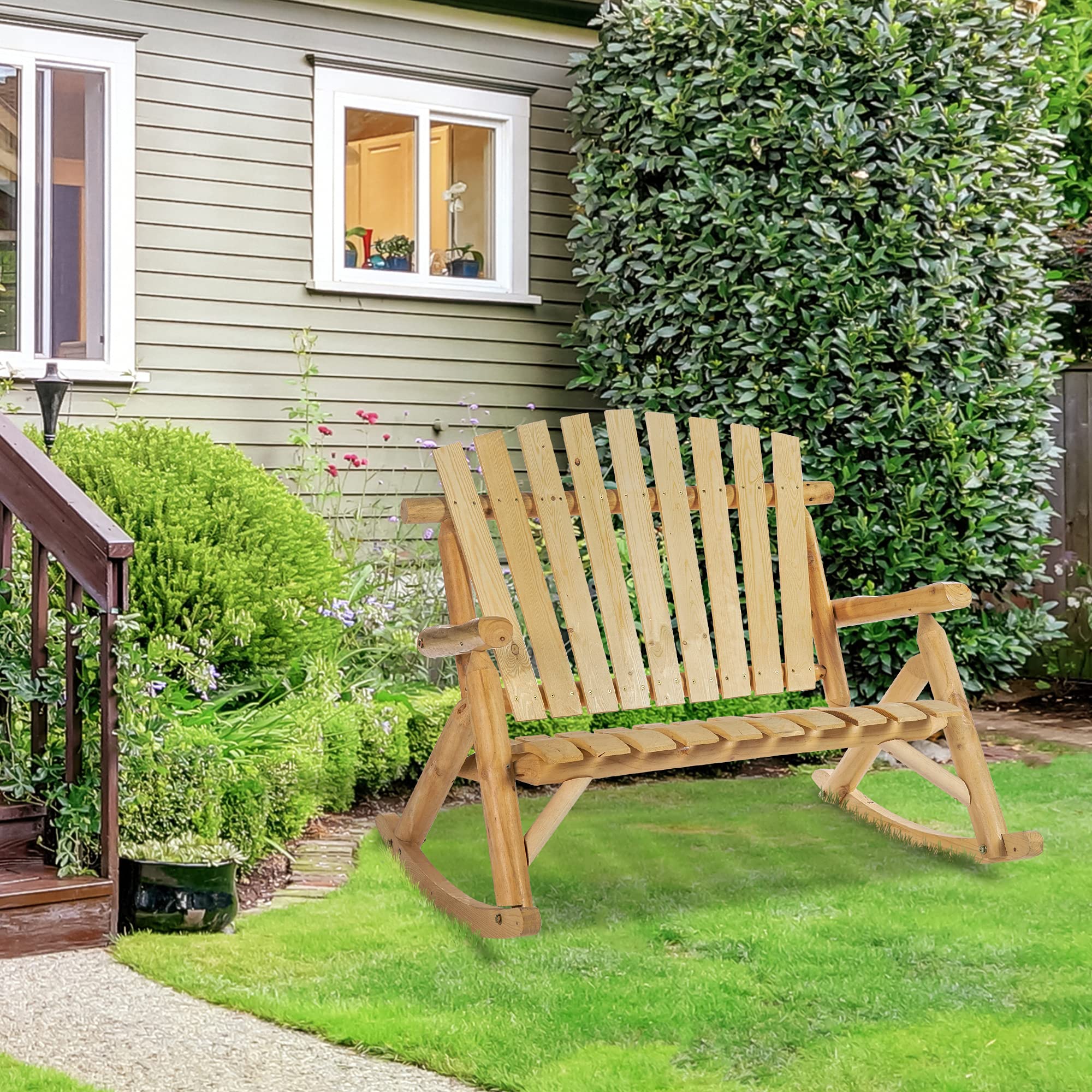 Outsunny Double-Person Wooden Adirondack Rocking Chair - Rustic High Back Patio Chair with Slatted Seat & Backrest - Perfect for Backyard, Garden, Porch & Indoor Relaxation - Great for Couples Lounging, Outdoor Entertaining & Cozy Reading Nooks