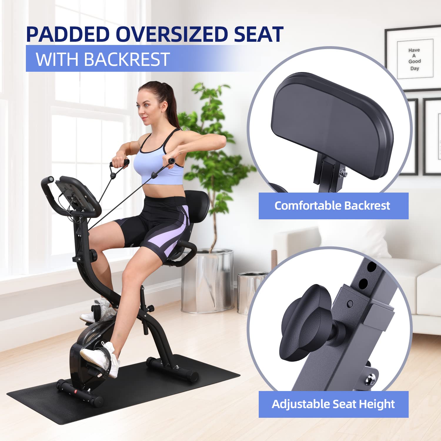 Foldable Exercise Bike for Home Gym - Sportneer 4-in-1 Indoor Cycling Bike with 16-Level Magnetic Resistance, Arm Resistance Bands & PVC Floor Mat | Perfect for Cardio, Strength Training & Small Space Workouts
