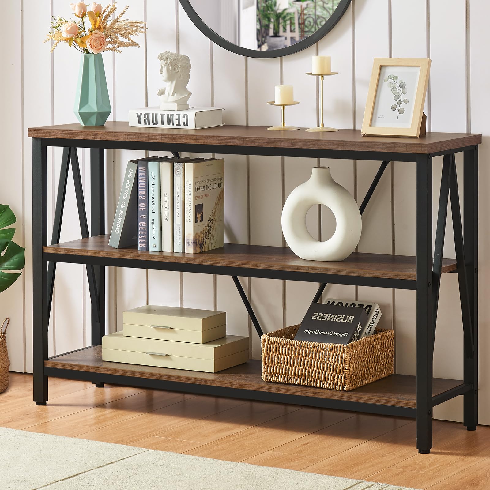 Rustic Industrial Entryway Console Table with 3-Tier Open Shelves & Wide Storage - 47 Inch Brown Foyer Table for Living Room, Hallway & Entry Decor | Perfect for Small Spaces & Home Organization