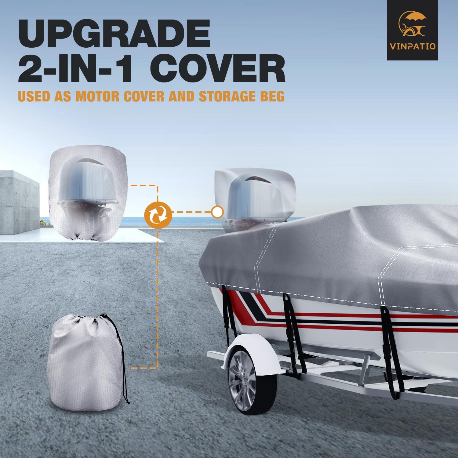 Heavy Duty 24-26 ft Waterproof Boat Cover with Motor Cover | Marine Grade V-Hull Runabout & Bass Boat Cover | Fits Fishing & Ski Boats up to 108