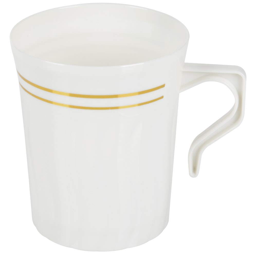 Elegant White Plastic Coffee Mugs with Silver Fineline Settings - 8oz, 12-Pack - Perfect for Parties, Events, Home & Office Use - Durable & Stylish Drinkware for Hot & Cold Beverages