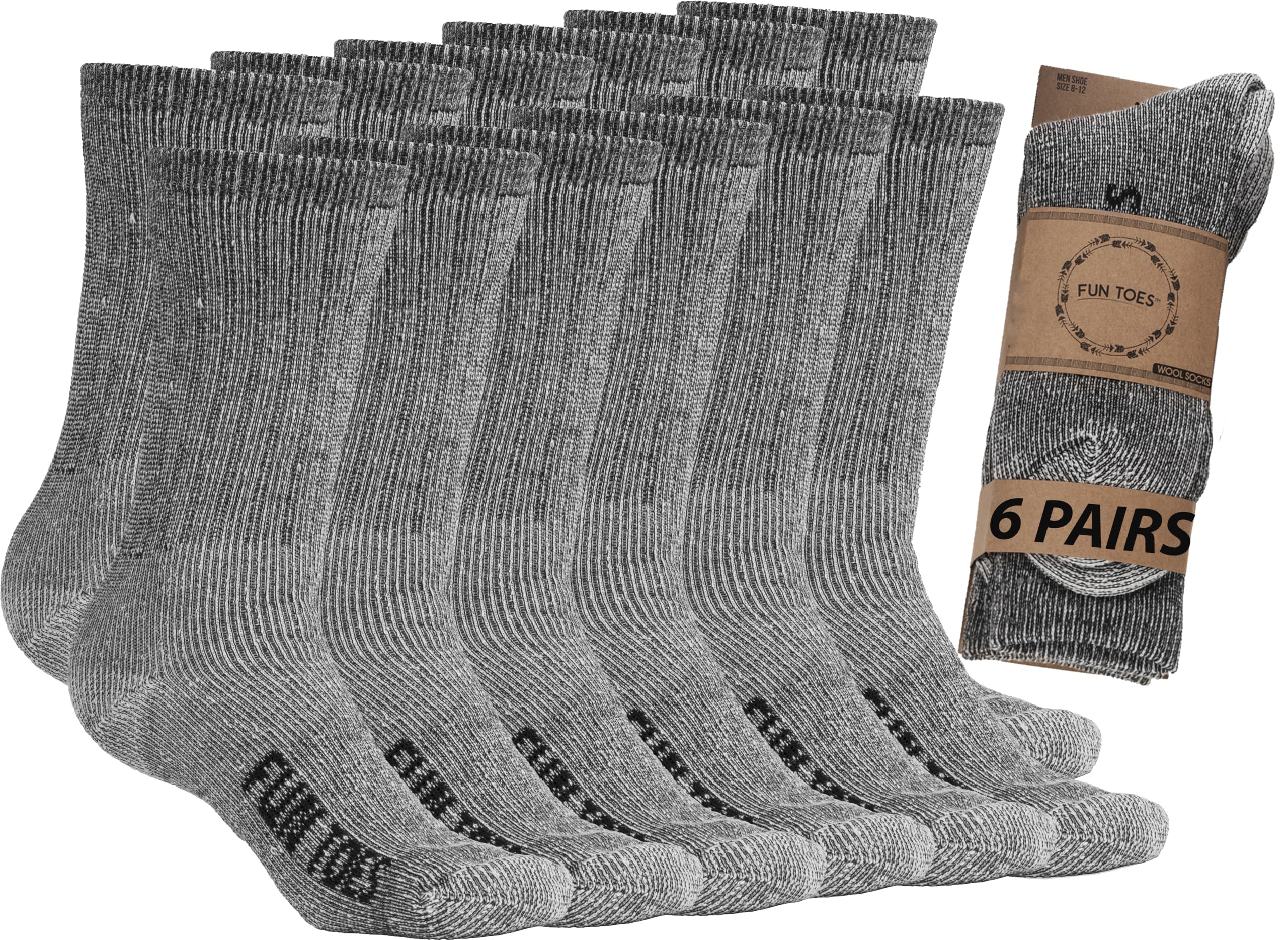 FUN TOES Men's Hiking Crew Socks - 6 Pairs Merino Wool Socks for Men, Lightweight & Reinforced (Size 8-12) - Perfect for Outdoor Adventures, Camping & Winter Hiking