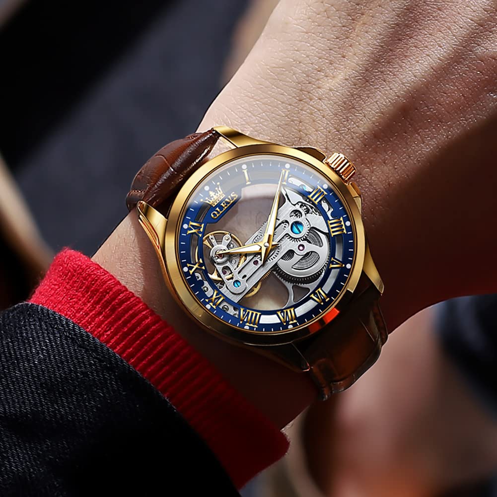 OLEVS Men's Automatic Skeleton Watch - Self-Winding Mechanical Dress Watch with Genuine Leather Strap, Waterproof & Luminous - Luxury Wristwatch for Business, Formal Events & Everyday Wear
