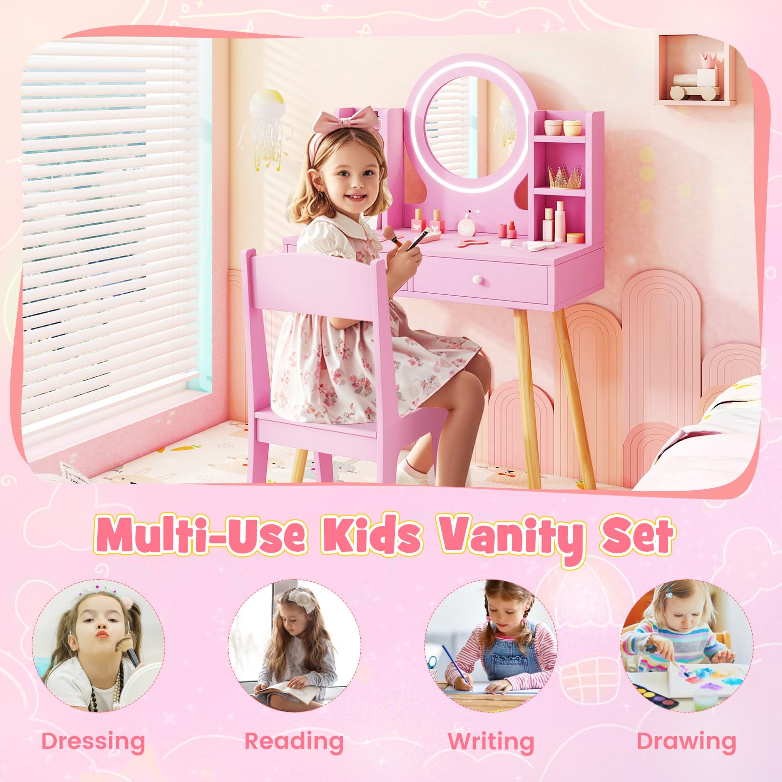 HONEY JOY Kids Vanity Set with Mirror, Stool & Lights - Pink Toddler Makeup Dressing Table with Storage Drawers & Shelves - Pretend Play Vanity for Girls - Perfect for Bedroom Decor, Birthday Gifts & Role Play Activities