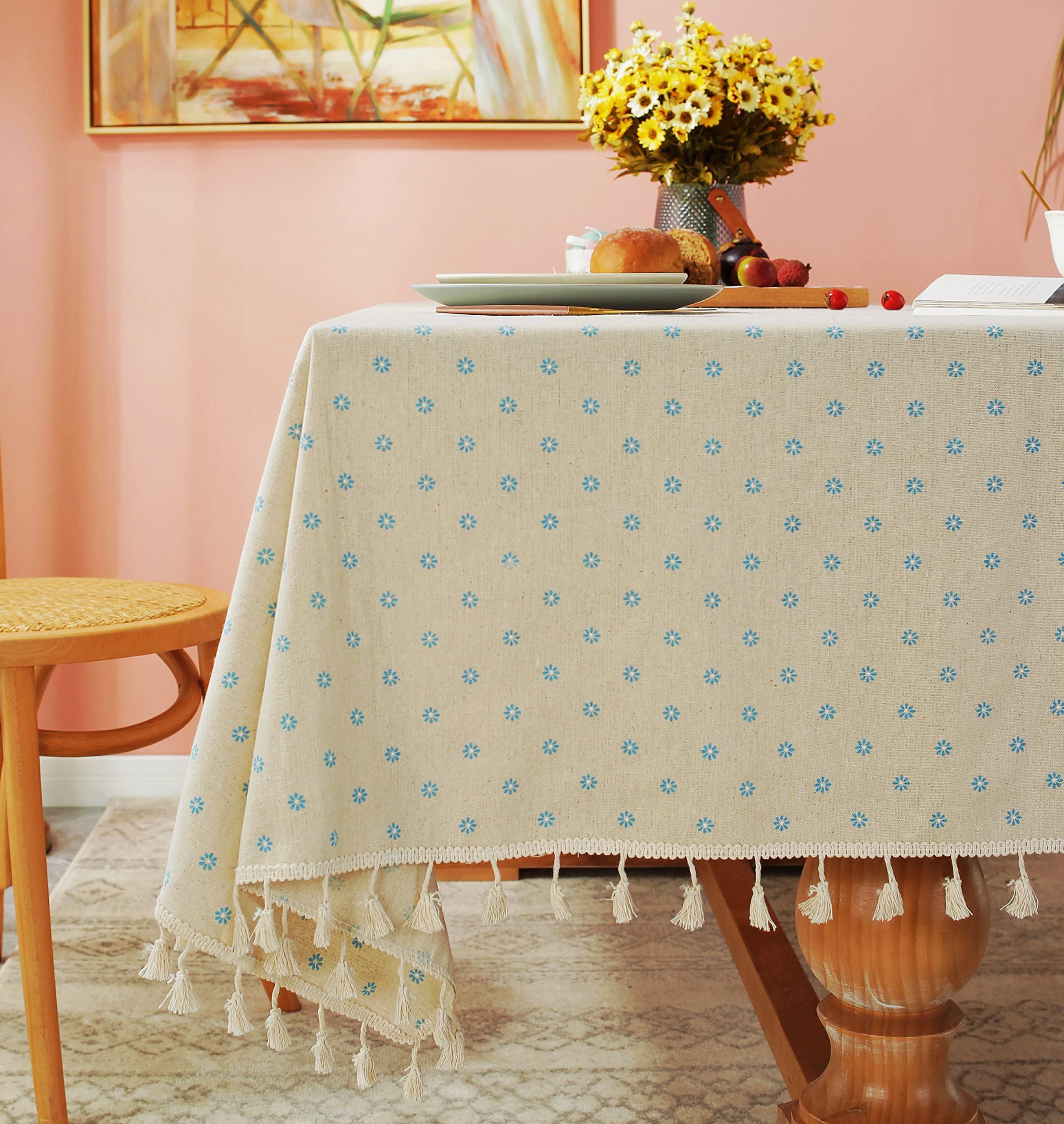 YUURAINVUVU Blue Daisy Floral Cotton Linen Tablecloth - 55x55 Inch Rustic Kitchen Dining Table Cover for Square & Round Tables - Perfect for Christmas Decor, Farmhouse Style, and Everyday Use