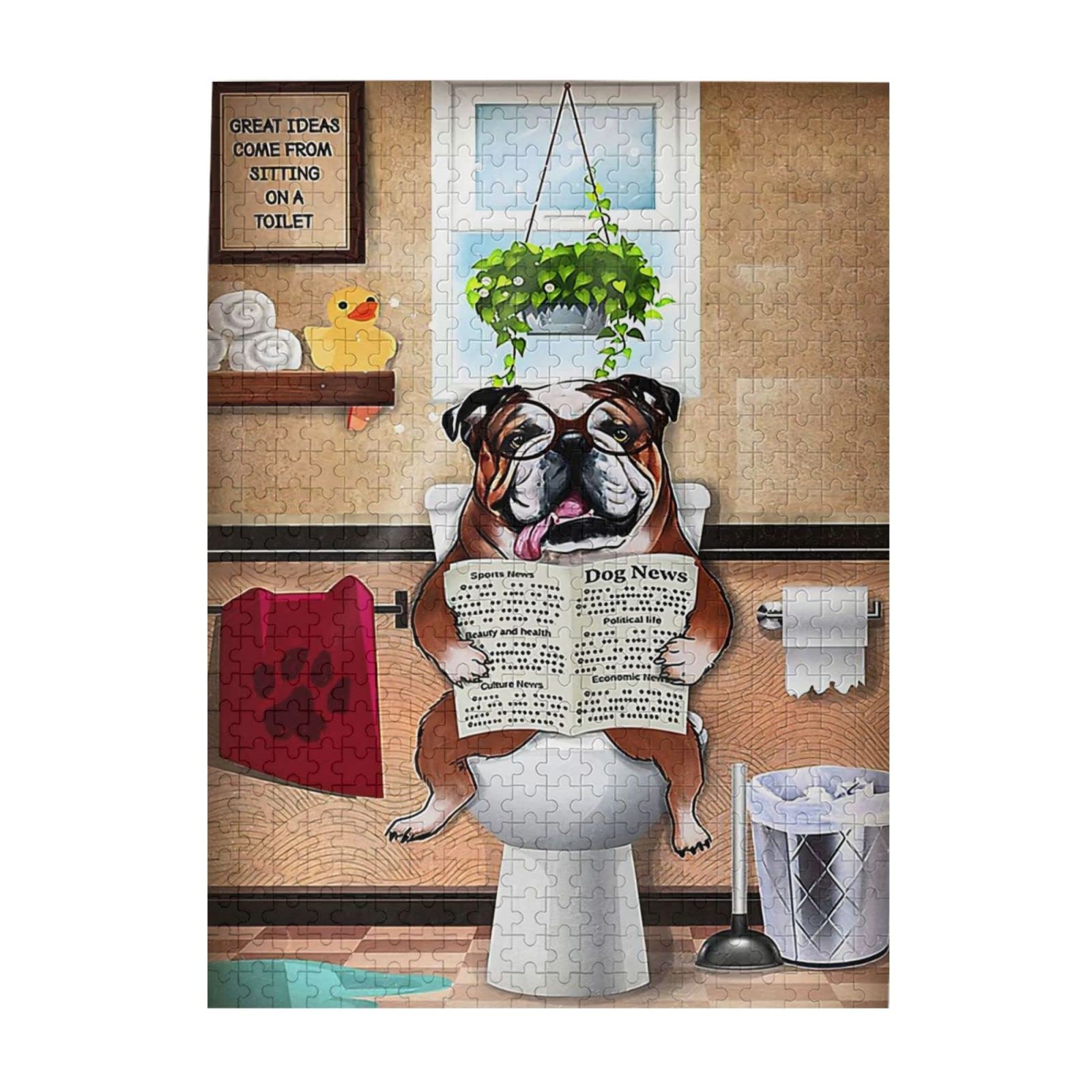 500-Piece Cute Bulldog Sitting on Toilet Jigsaw Puzzle - Fun Memorial Dog Puzzle for Adults & Kids, Educational Toy & Gift Idea | Perfect for Family Game Nights, Stress Relief & Brain Development