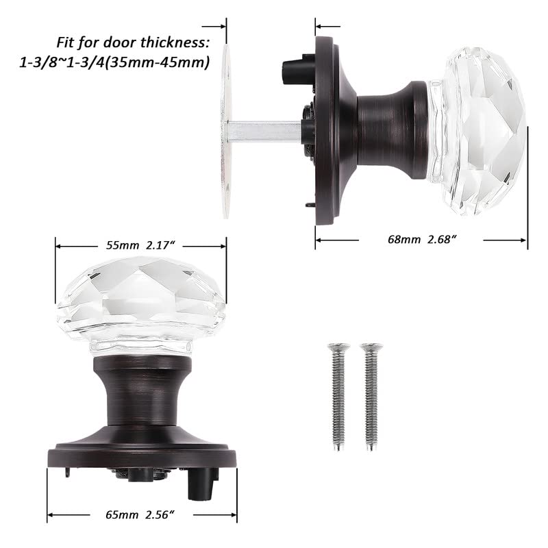 Crystal French Door Knobs - 5 Pack Keyless Interior Handles for Balcony & Pantry, Clear Glass with Zinc Alloy Oil-Rubbed Bronze Base - Perfect for Home, Office & Commercial Spaces
